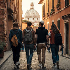 Fototapeta na wymiar Back view of a group of friends in Rome. Generative AI.