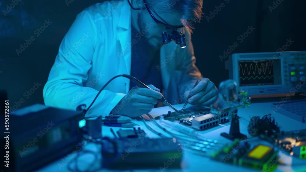 Poster technician engineer developer is soldering iron pcb microcircuit electronic component though magnifi