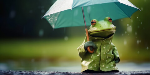 frog wearing a raincoat and holding an umbrella, copyspace, room for text (Generative AI)