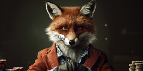 fox playing a game of poker, casino, copyspace, room for text (Generative AI)