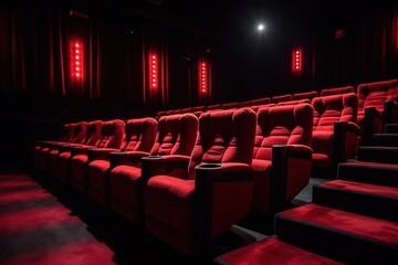 Red seats in a cinema. Generative AI.