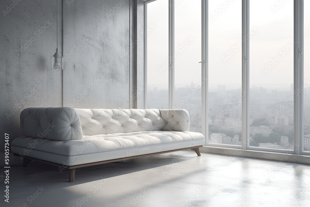 Poster modern white couch placed in front of a large window with a view. generative ai