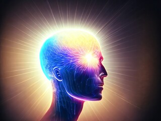 Obraz premium Concept of mindfulness and mental activity. Human face and elements with metaphorical relationship to mind, reason, thought, mental powers and mystic consciousness. Created with generative AI tools