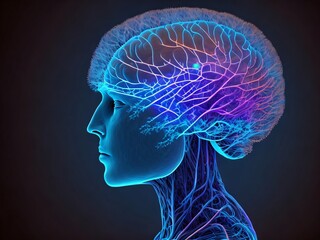 Fototapeta premium Neural networks in the human brain. Electronic impulses in the head. Work of the human brain. Head and design elements on the subject of intelligence, brain power. Created with generative AI tools