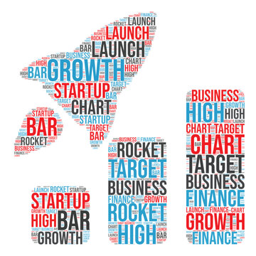 Investment graph with exponential growth word clod art, wealth or earnings rising up, business sales or profit increasing concept, financial report graph with exponential arrow from flying rocket