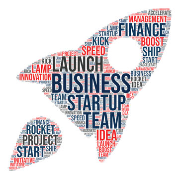 Rocket icon word cloud art isolated on white background. successful startup launch, Rocket word collage, Business startup