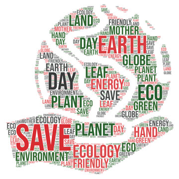Earth Day. Earth day Word cloud International Mother Earth Day. Environmental problems and environmental protection. Earth icon isolated on white background. Word collage