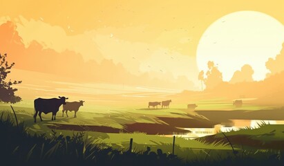 Cows grazing on a farm with sunlight, farm landscape illustration with generative ai - obrazy, fototapety, plakaty