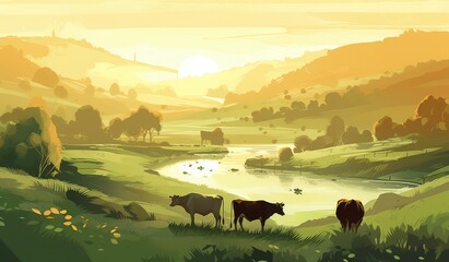 Cows grazing on a farm with sunlight, farm landscape illustration with generative ai