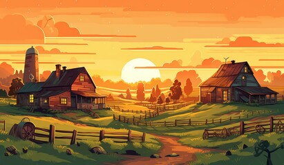 farmhouse in sunlight, farm landscape illustration - obrazy, fototapety, plakaty