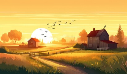 farmhouse in sunlight, farm landscape illustration - obrazy, fototapety, plakaty