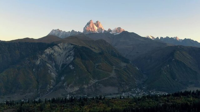 Beautifull sunrise of the Ushba mountain. Caucasus. Svaneti. Georgia.