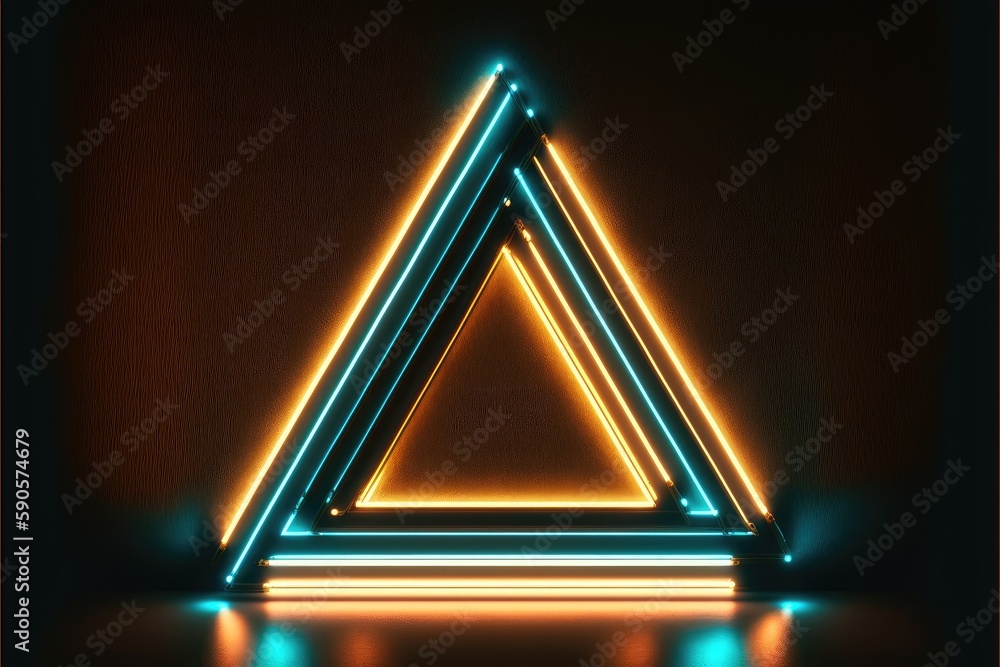 Poster abstract of neon triangle shape isolated on space background in reflective colorful spotlight. theme