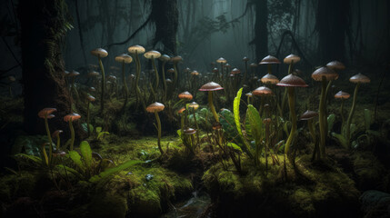 Obraz premium A magical enchanted dark forest with mushrooms, generative ai