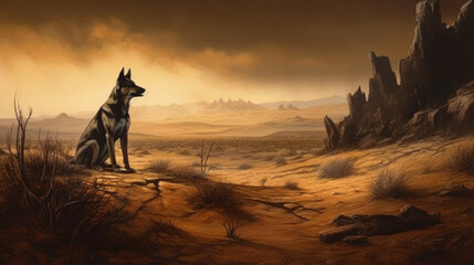 Dog in the desert with orange sky and clouds, generative ai