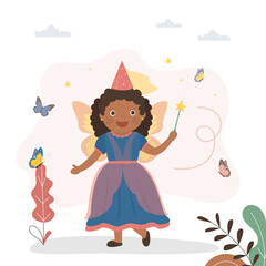 Fototapeta na wymiar Pretty little girl playing fairy with wings and magic stick. African american girl wearing fairy costume. Happy kid princess. Childhood, imagination, kids games.