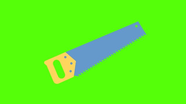 Saw on wood in motion. Wood file with a yellow handle and a metal cutting part. Sawing a wooden board with a hand saw. Deforestation concept. Wood cutting. 2d flat bright animation. Alpha channel