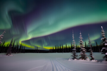 The aurora borealis dances over the trees of Jollifee Island in Yellowknife, Northwest Territories, Canada.