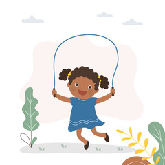 Pretty little girl jumping rope. girl wearing fairy costume. Happy african american kid training and doing exercise. Childhood, summer activity, kids games.
