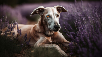 Indian sighthound in levandula field, dog in purple flowers, generative ai