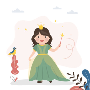 Pretty little girl playing fairy with magic stick. Caucasian girl wearing fairy costume. Happy kid princess. Childhood, imagination, kids games.