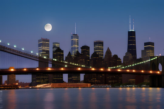 New York Beautiful Dusk with moon. Photo From Dumbo Brooklyn.