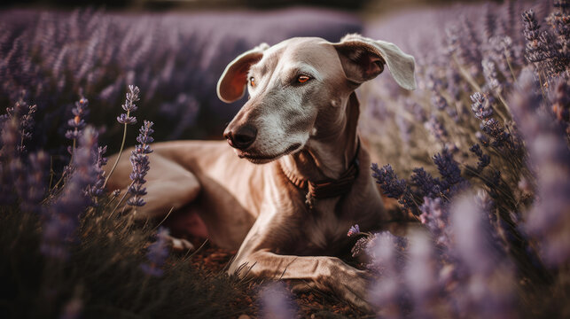 Indian sighthound in levandula field, dog in purple flowers, generative ai