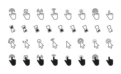 Black cursor icons. Interface mouse click pointers flat style, simple finger pointers computer arrow silhouettes swipe touch web buttons. Vector isolated set. Connection or loading animation