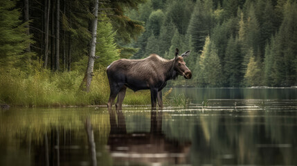 Naklejka na ściany i meble Big and majestatic elk standing in a river on Alaska, generative ai