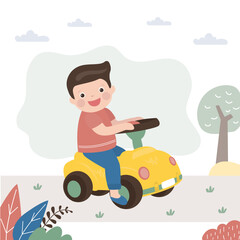 Cute boy drive children car. Child game, imagination, active kid rides a small car. Childhood, learning, explore world. Funny driver on toy auto.