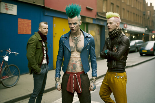 Three punk rock men with rocker hair styles including a green mohawk. Tough guy attitude on city street with a vintage British vibe. generative AI