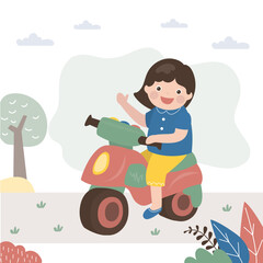Cute girl drive children bike. Child game, imagination, active kid rides a small bike. Childhood, learning, explore world. Funny driver on toy two-wheeler transport.