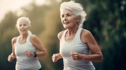 Senior citizen woman running outside for active lifestyle with fitness and health. generative AI