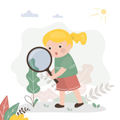 Preschool girl uses magnifying glass to study environment. Children curiosity, desire for knowledge and learning new things. Smart female student studying flora