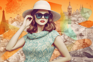 Collage of woman wearing cute hat and sunglasses. Travel concept with colorful, vintage patterns and design. Sense of adventure and wanderlust. generative AI