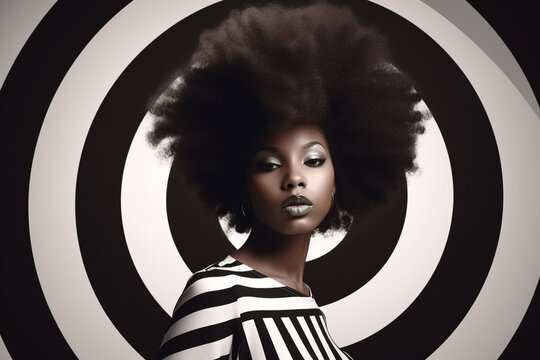 Pretty African American woman with big black afro hair style. generative AI