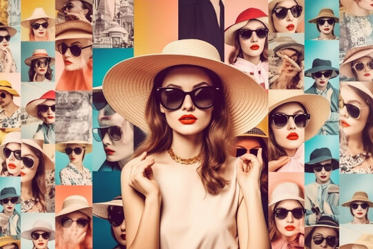 Social media influencer with a collage of travel images showing her adventures around the globe. The woman is wearing a floppy hat. generative AI