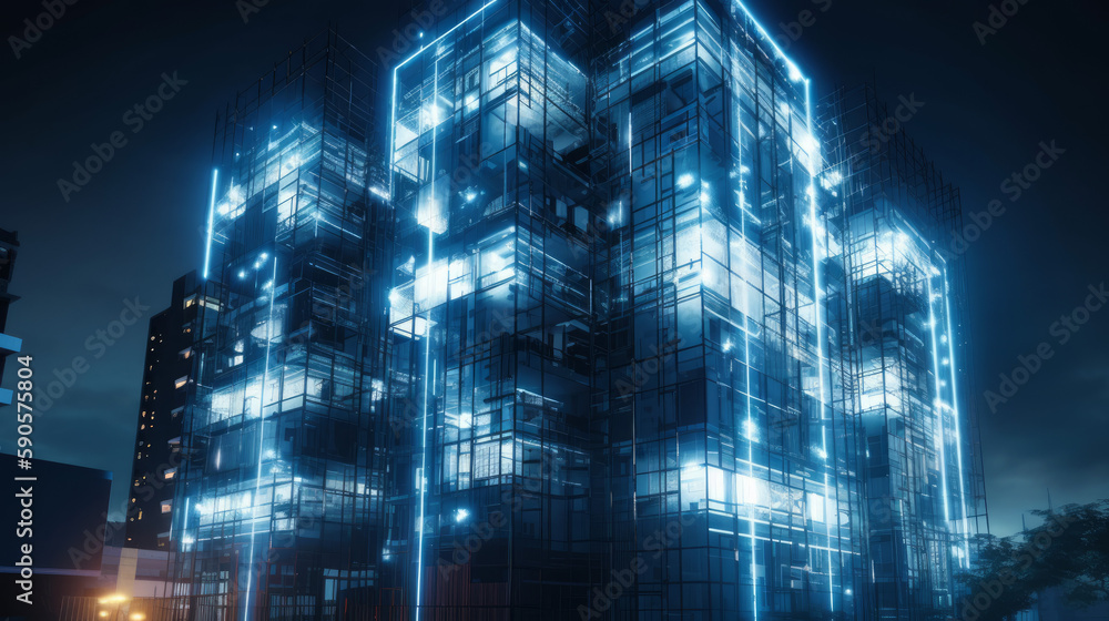 Poster ai in building sector light, visualisation of artificial inteligence in future as light traces on bu