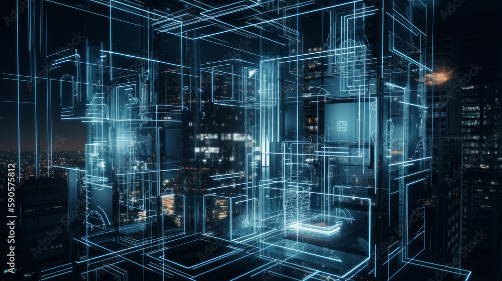 Poster ai in building sector light, visualisation of artificial inteligence in future as light traces on bu