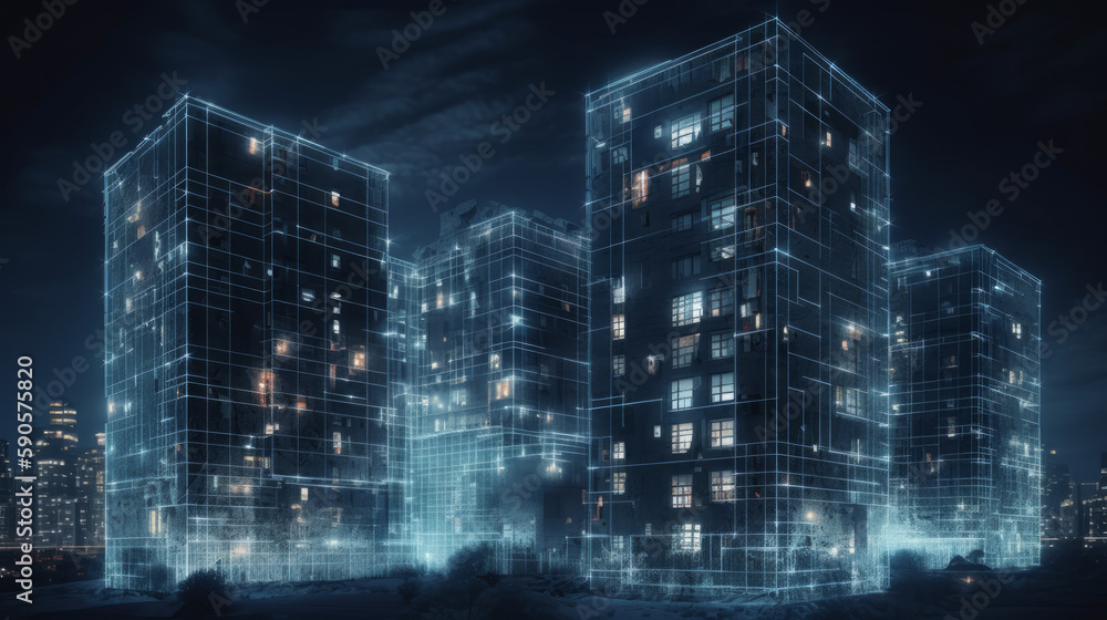 Poster ai in building sector light, visualisation of artificial inteligence in future as light traces on bu