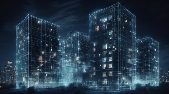 Ai in building sector light, visualisation of artificial inteligence in future as light traces on buildings, ai generated