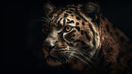 Big cat portrait with dramatic dark lighting and black background, generative ai