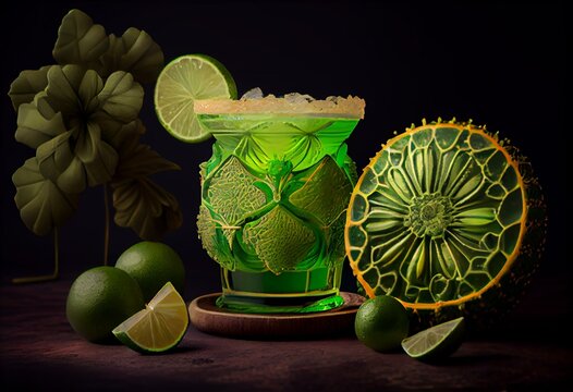 A Lime Wheel-topped Margarita Cocktail Depicted In PNG Clipart Format. Generative AI