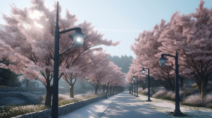 Blooming cherry trees engulf a sidewalk with lamps, generative ai