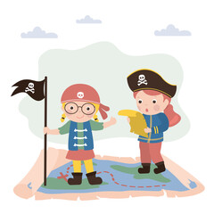 Funny girls are playing pirates. Cute children standing on map and treasures hunt. Preschooler girls dressed as pirates. Little sailors, kids game, imagination.