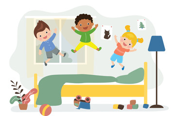 Multiethnic friends jump on bed. Happy children have fun in children room. Cute children play and jump in bedroom. Boys and girl have active games indoors.
