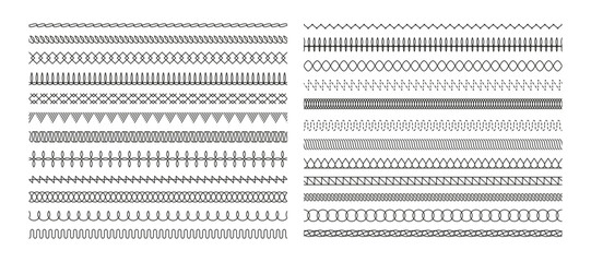 Stitch pattern collection. Various stitching and seam designs for sewing and embroidery projects. Colorful and versatile vector illustrations. Various ornaments for tailoring or needlecraft