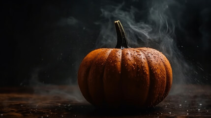 Dark themed jack o lantern with smoke around and black background, generative ai