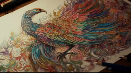 Obraz premium Color pheonix manuscript tatoo, generative ai