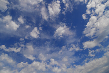 Beautiful blue sky with white Altocumulus undulatus clouds.